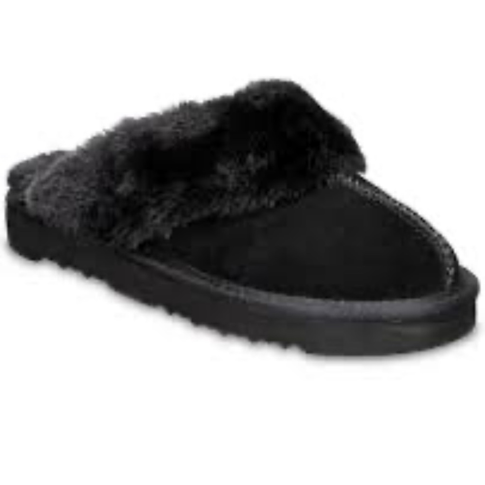 Black Genuine Leather with Faux Fur Lined Shoe Slipper